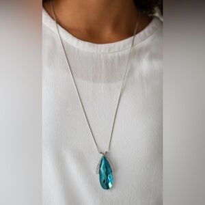 Blue Teardrop Gemstone & Silver Pendant Necklace & Earrings Set